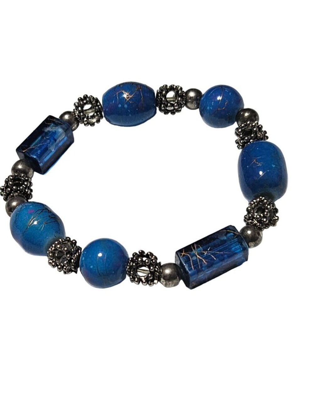 Handcrafted Chunky Beaded Bracelet Blue Beads Silver Tone Artisan Jewelry Women